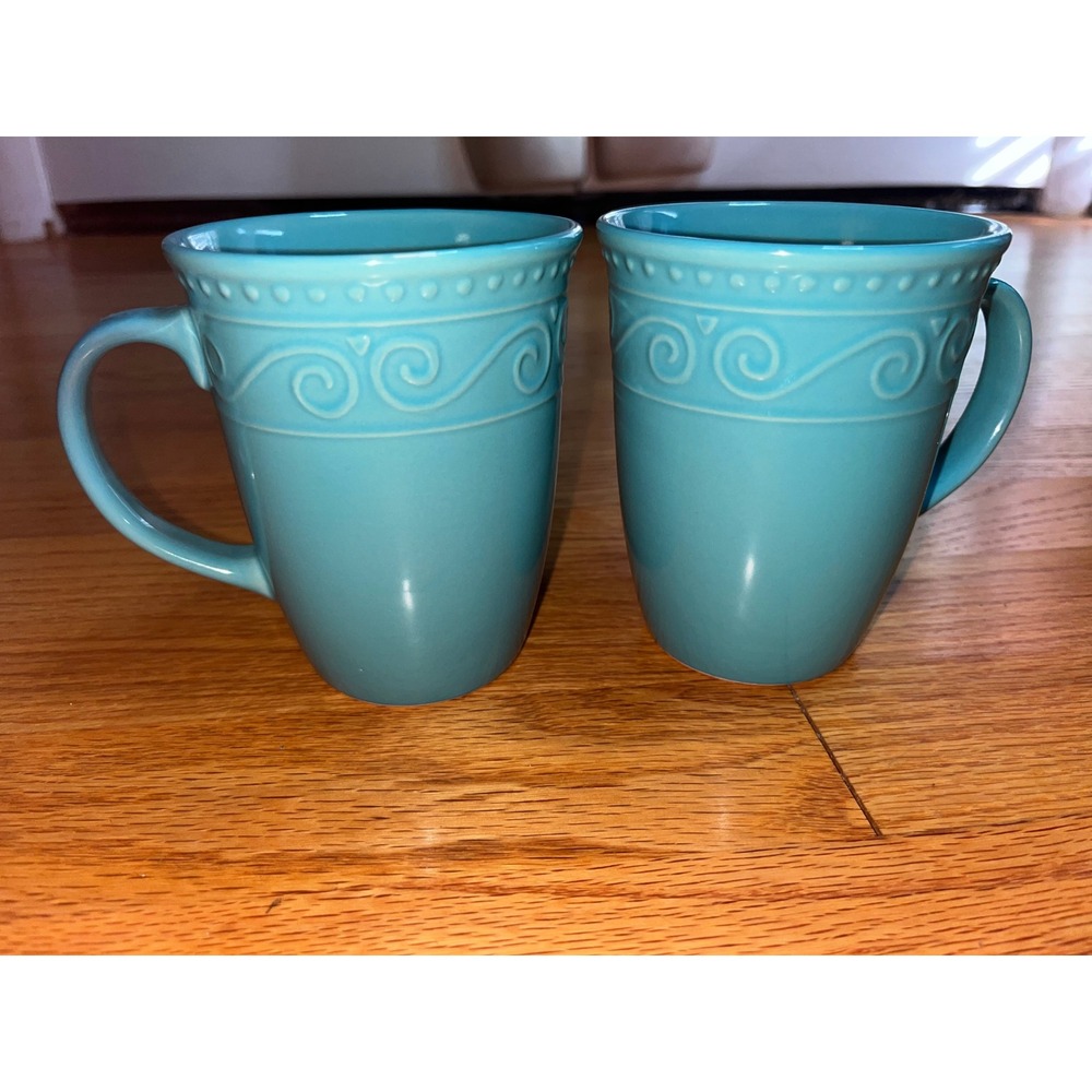 Royal Norfolk Turquoise Blue Stoneware Coffee Mugs Embossed Scroll Pattern Set 2
